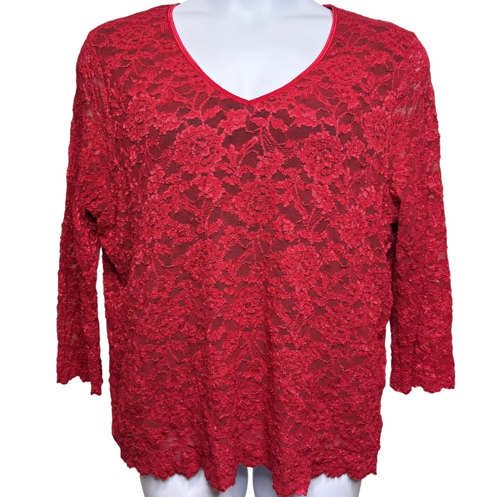 KAREN KANE Womens Red Floral Lace V-Neck Top 3X Romantic Coquette Elegant Femme